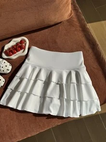 Comfortcana Plus Size Casual Versatile Solid Color Cake Skirt - White - View 4