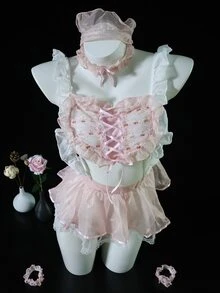 Dansine Set Lingerie Peran Pelayan Seksi Terbaru Musim Semi/Panas 2026, Seragam Menggoda Seksi dengan Motif Renda untuk Kencan - Berwarna merah muda - View 5