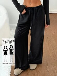 SHEIN PETITE 女款純黑色亞麻低腰直筒休閒長褲，適合度假，小碼版，秋季居家休閒褲 - 黑色 - 查看 11
