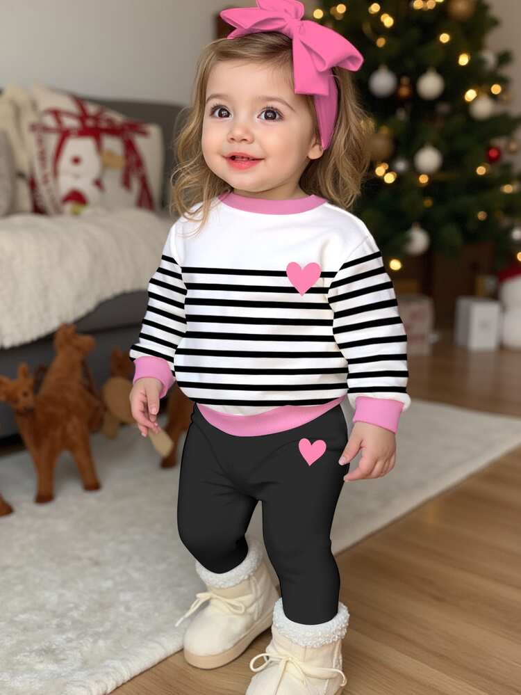 Baby Girl Striped & Heart Print Sweatshirt & Autumn Pants - Multicolor - View 3