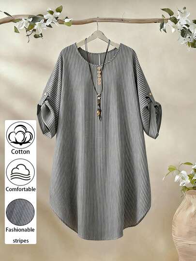 Linhara Plus Size Women's Round Neck Casual Cotton Striped Short Sleeve Comfortable Design Blouse, Suitable For Daily Commute, Spring/Summer