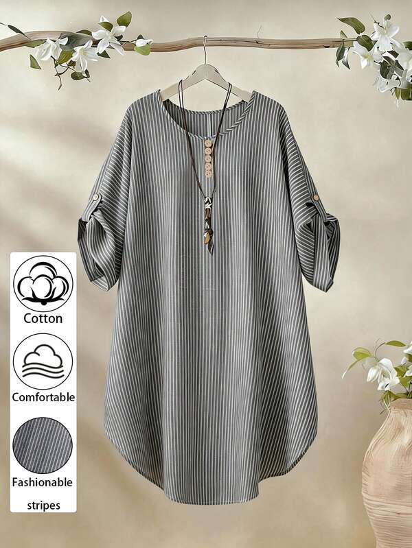Linhara Plus Size Women's Round Neck Casual Cotton Striped Short Sleeve Comfortable Design Blouse, Suitable For Daily Commute, Spring/Summer