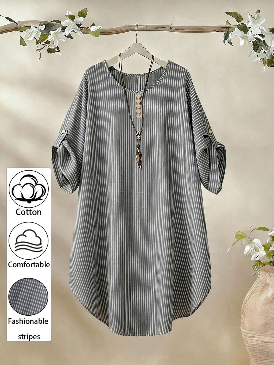 Linhara Plus Size Women's Round Neck Casual Cotton Striped Short Sleeve Comfortable Design Blouse, Suitable For Daily Commute, Spring/Summer - Black and White - View 1
