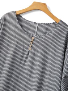 Linhara Plus Size Women's Round Neck Casual Cotton Striped Short Sleeve Comfortable Design Blouse, Suitable For Daily Commute, Spring/Summer - Black and White - View 5