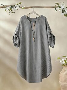 Linhara Plus Size Women's Round Neck Casual Cotton Striped Short Sleeve Comfortable Design Blouse, Suitable For Daily Commute, Spring/Summer - Black and White - View 7