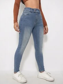 Jeanoix Women's Fashion Button Pocket Slim Fit Denim Jeans - Medium Wash - View 4