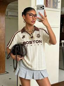 Muchica 休閒極簡學院風撞色條紋滿版印花女款半拉鍊 Polo 領寬鬆長袖 T-shirt，適合秋冬，復古/古著、性感、可愛、Y2K、椰子女孩、波希米亞、嬉皮、音樂節 - 彩色 - 查看 4