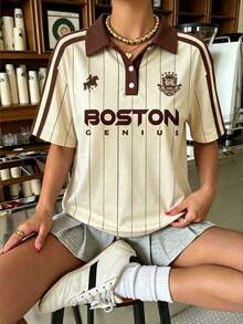 Muchica 休閒極簡學院風撞色條紋滿版印花女款半拉鍊 Polo 領寬鬆長袖 T-shirt，適合秋冬，復古/古著、性感、可愛、Y2K、椰子女孩、波希米亞、嬉皮、音樂節 - 彩色 - 查看 7
