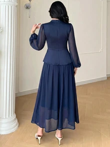 Feyla 女款優雅鈕扣裝飾收腰燈籠袖洋裝，海軍藍，適合婚禮、辦公室、晚餐，秋季穿搭 - 藏蓝色 - 查看 2
