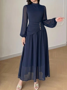 Feyla 女款優雅鈕扣裝飾收腰燈籠袖洋裝，海軍藍，適合婚禮、辦公室、晚餐，秋季穿搭 - 藏蓝色 - 查看 6