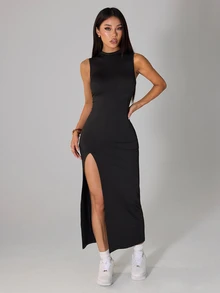 SHEIN PETITE 女士優雅性感休閒開衩洋裝，輕盈夏季女款洋裝，適合嬌小女性夜出與外出，純黑色 - 黑色 - 查看 7