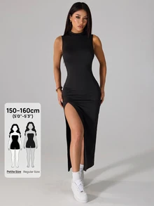 SHEIN PETITE 女士優雅性感休閒開衩洋裝，輕盈夏季女款洋裝，適合嬌小女性夜出與外出，純黑色 - 黑色 - 查看 10