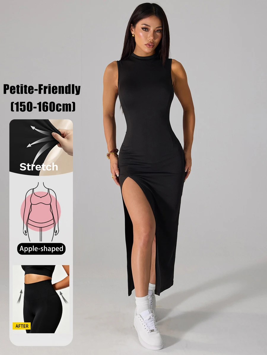 SHEIN PETITE 女士優雅性感休閒開衩洋裝,輕盈夏季女款洋裝,適合嬌小女性夜出與外出,純黑色 - 黑色 - 查看 1