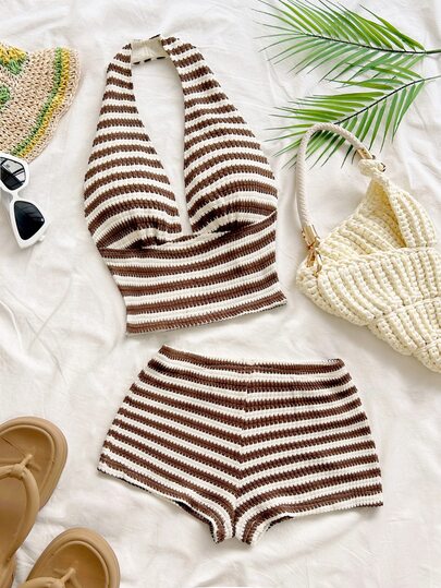 Soleia Women's Vacation Brown And White Halter Tank Top And Shorts Casual Tropical Sexy 2 Pieces Set Beach Holiday Vacation Summer