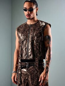 ROMWE MEN Street Life Men's Snake Print Zip-Up Vest - Rust Brown - View 1