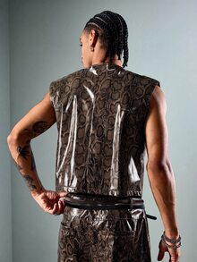 ROMWE MEN Street Life Men's Snake Print Zip-Up Vest - Rust Brown - View 2