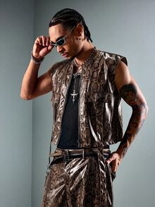 ROMWE MEN Street Life Men's Snake Print Zip-Up Vest - Rust Brown - View 10