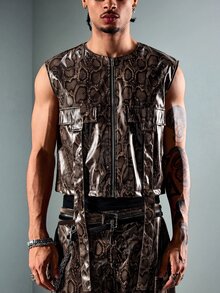 ROMWE MEN Street Life Men's Snake Print Zip-Up Vest - Rust Brown - View 6