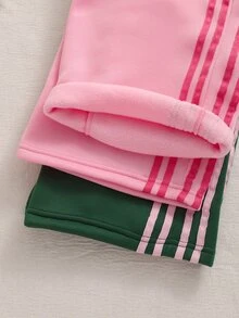 SHEIN 青少年女孩秋冬新款 2 件套保暖內裡寬腿運動褲，長袖抓絨 4 條紋撞色休閒慢跑褲，秋季服飾 - 彩色 - 查看 6