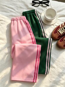 SHEIN 青少年女孩秋冬新款 2 件套保暖內裡寬腿運動褲，長袖抓絨 4 條紋撞色休閒慢跑褲，秋季服飾 - 彩色 - 查看 2