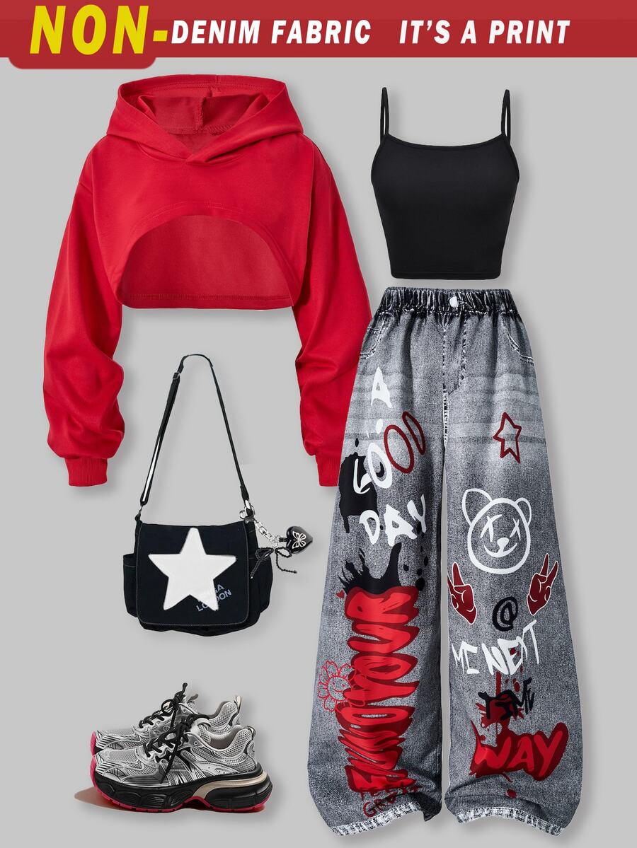 SHEIN 青少年女孩秋季套裝 3件/組 圓領街頭酷感休閒街頭風 Y2K 寬鬆牛仔效果長褲、短版細肩帶上衣、連帽衫套裝