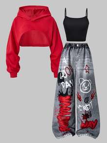SHEIN 青少年女孩秋季套裝 3件/組 圓領街頭酷感休閒街頭風 Y2K 寬鬆牛仔效果長褲、短版細肩帶上衣、連帽衫套裝 - 紅色 - 查看 4