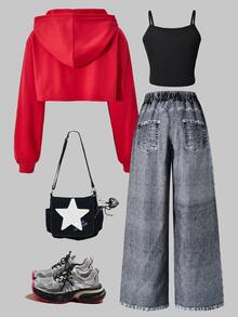 SHEIN 青少年女孩秋季套裝 3件/組 圓領街頭酷感休閒街頭風 Y2K 寬鬆牛仔效果長褲、短版細肩帶上衣、連帽衫套裝 - 紅色 - 查看 3