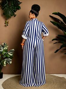 Maweii Jumpsuit ống rộng kẻ sọc phong cách thường ngày size lớn cho đi du lịch - Nhiều màu - Xem 3