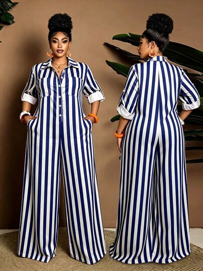 Maweii Plus Size Casual Striped Wide Leg Jumpsuit For Vacation Fall