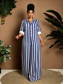 Maweii Jumpsuit ống rộng kẻ sọc phong cách thường ngày size lớn cho đi du lịch - Nhiều màu - Xem 4