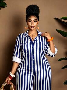 Maweii Jumpsuit ống rộng kẻ sọc phong cách thường ngày size lớn cho đi du lịch - Nhiều màu - Xem 2