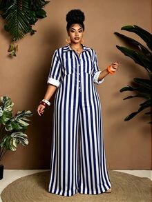 Maweii Jumpsuit ống rộng kẻ sọc phong cách thường ngày size lớn cho đi du lịch - Nhiều màu - Xem 6