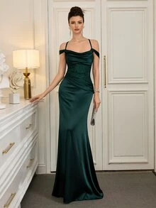 Poshira Women's Elegant Off-Shoulder Satin Prom Rehearsal Dinner Dress,Lace Embellished Formal Evening Gown, Backless Bodycon Party Wedding Spring - Green - View 3