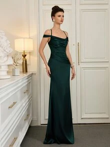 Poshira Women's Elegant Off-Shoulder Satin Prom Rehearsal Dinner Dress,Lace Embellished Formal Evening Gown, Backless Bodycon Party Wedding Spring - Green - View 4