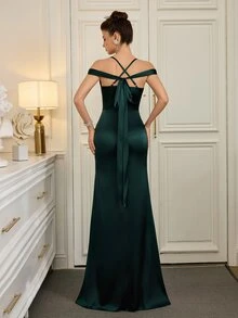 Poshira Women's Elegant Off-Shoulder Satin Prom Rehearsal Dinner Dress,Lace Embellished Formal Evening Gown, Backless Bodycon Party Wedding Spring - Green - View 2