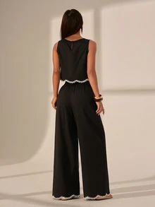 SHEIN PETITE 女款時尚休閒性感牙買加風黑白度假款對比色蕾絲飾邊無袖上衣＋寬腿褲兩件套，小碼 - 黑色 - 查看 2