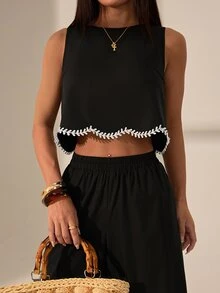 SHEIN PETITE 女款時尚休閒性感牙買加風黑白度假款對比色蕾絲飾邊無袖上衣＋寬腿褲兩件套，小碼 - 黑色 - 查看 4