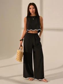 SHEIN PETITE 女款時尚休閒性感牙買加風黑白度假款對比色蕾絲飾邊無袖上衣＋寬腿褲兩件套，小碼 - 黑色 - 查看 7