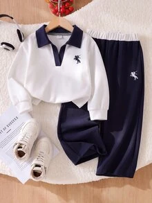 SHEIN Playful Pals 女童學院風兩件套：海軍藍對比領長袖上衣 + 高腰寬腿褲，經典馬術刺繡休閒套裝，百搭春/秋季運動服，適合校園與日常穿著 - 白色 - 查看 7