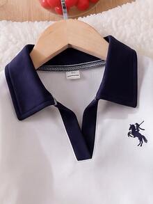 SHEIN Playful Pals 女童學院風兩件套：海軍藍對比領長袖上衣 + 高腰寬腿褲，經典馬術刺繡休閒套裝，百搭春/秋季運動服，適合校園與日常穿著 - 白色 - 查看 8