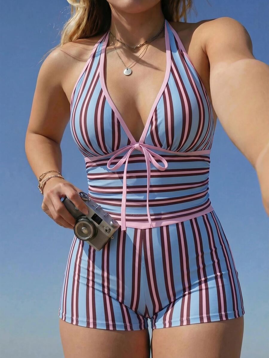 Swim Mod 2026 Spring/Summer Plus Size 2-Piece Bikini Set, Colorful Striped Print Fabric, Deep V-Neck, Solid Color Trim, High-Waist Shorts, Sexy Beach/Pool/Party Wear - Multicolor - View 1