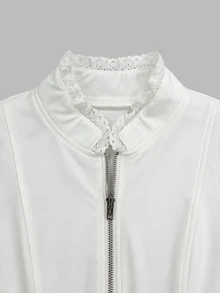 SHEIN Holidaya Autumn/Winter New White Stand Collar Front Zipper Split Waist Lace Patchwork Ruffle Sleeve Slim Fit Jacket, Casual French Elegant Commuter Style, Date - White - View 4