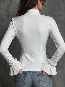 SHEIN Holidaya Autumn/Winter New White Stand Collar Front Zipper Split Waist Lace Patchwork Ruffle Sleeve Slim Fit Jacket, Casual French Elegant Commuter Style, Date - White - View 3