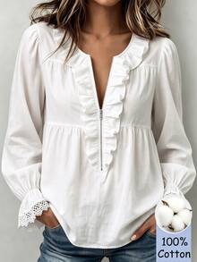 Trelyra Women's Round Neck Solid Color Flare Sleeve Zipper Ruffle Blouse - White - View 4
