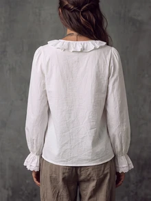 Trelyra Women's Round Neck Solid Color Flare Sleeve Zipper Ruffle Blouse - White - View 3