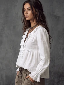 Trelyra Women's Round Neck Solid Color Flare Sleeve Zipper Ruffle Blouse - White - View 6