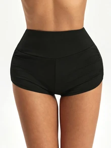 SHEIN Sports Women's High Elasticity Tight Sexy Baggy Soft Athletic Tummy Control Yoga Shorts With Side Ruched Design Sports Fitness Gym Black Summer Pilates - Black - View 8