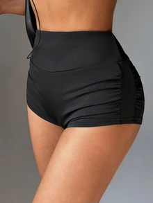 SHEIN Sports Women's High Elasticity Tight Sexy Baggy Soft Athletic Tummy Control Yoga Shorts With Side Ruched Design Sports Fitness Gym Black Summer Pilates - Black - View 6