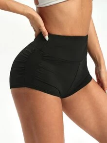 SHEIN Sports Women's High Elasticity Tight Sexy Baggy Soft Athletic Tummy Control Yoga Shorts With Side Ruched Design Sports Fitness Gym Black Summer Pilates - Black - View 3