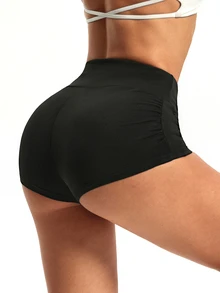 SHEIN Sports Women's High Elasticity Tight Sexy Baggy Soft Athletic Tummy Control Yoga Shorts With Side Ruched Design Sports Fitness Gym Black Summer Pilates - Black - View 4